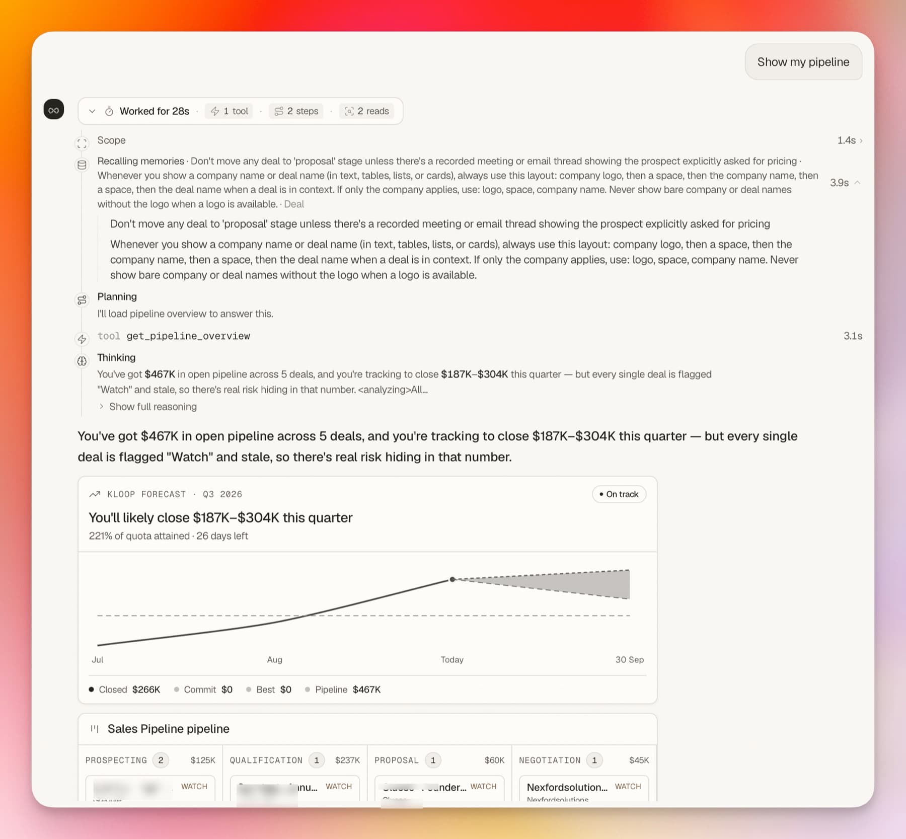 Ask Kloop answering a pipeline question, with its reasoning open