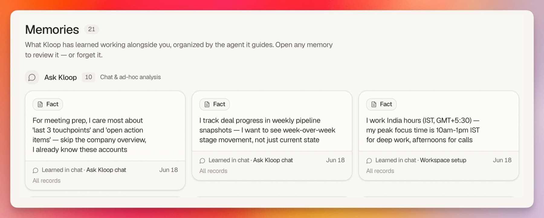 What Kloop has learned, organised by agent