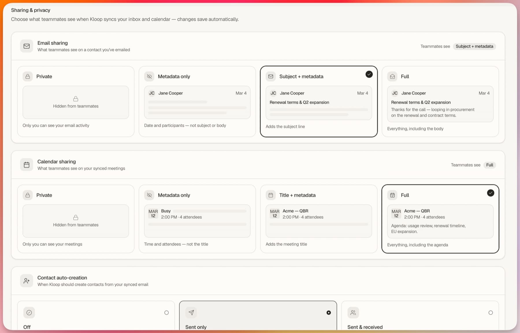 Sharing and privacy settings