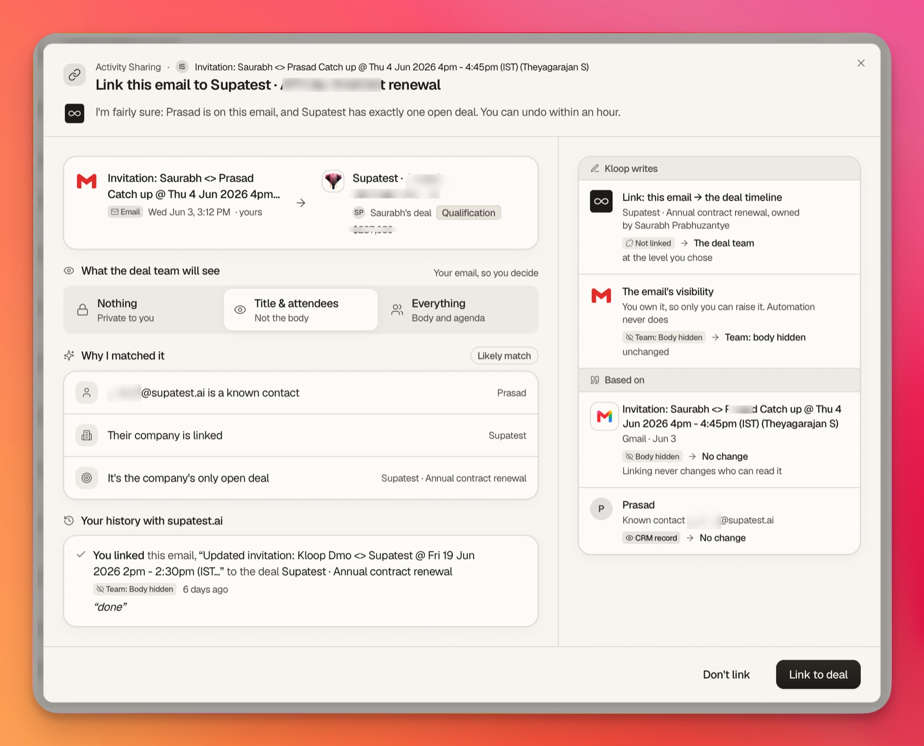 Linking an email to a deal, with the evidence and what the team will see